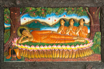  Stucco Photos at Temple Walls Tells the story of the Lord Nirvana  Three monks pay respect to...