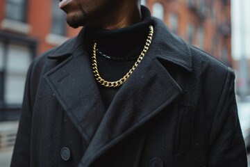 A stylish view of a man in a black coat wearing a gold necklace. Capturing an elegant fashion style