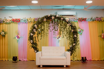 Beautiful Marriage Hall Decoration with empty sofa set on floor | Indian wedding decoration