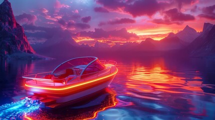 A neonlit boat on a futuristic lake with glowing water and vibrant reflections, Neon, Digital Illustration