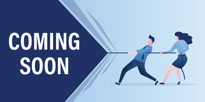 Business people pulling rope and open curtain about coming soon. Announcement of new product or open shop. Advertising company, promotion. Grand opening