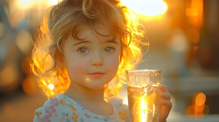 a pretty little child takes a refreshing sip of fresh water from a glass, the sunlight casting a warm glow on their innocent face