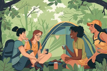 Vector illustration of a group of women having fun camping after hiking.