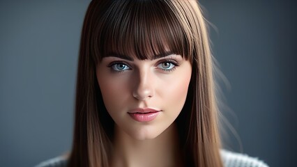 Naklejka premium A close-up portrait of a young woman with brown hair and blue eyes. The softly grey background and soft lighting highlight her striking features and serene expression