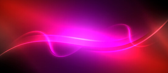 Neon glowing circle rays, light round lines in the dark, planet style neon wave lines. Energetic electric concept design for wallpaper, banner, background