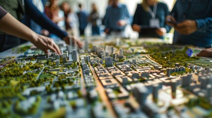 Urban planners engage in strategic discussions, devising plans for sustainable urban development that prioritize community needs and environmental considerations.