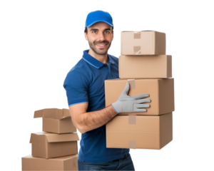 Delivery man holding pile of cardboard boxes isolated on transparent background