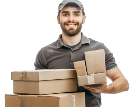 Delivery man with cardboard boxes on transparent background