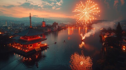 Peaceful Japanese festival with minimalist firework display over water