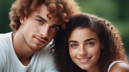 A portrait of a young couple with curly hair, standing close together and smiling. The softly blurred background highlights their happy expressions and natural beauty
