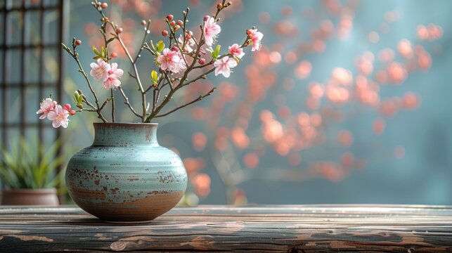 Serene Japanese festival with minimalist ikebana display and soft colors
