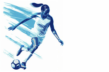 silhouette of a person. Banner, abstract female silhouette of a soccer player with a ball, blue and white colors, minimalism, illustration with copy space. Sketch for creativity.