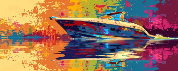 A pop art boating scene with vibrant colors and abstract shapes, creating a dynamic visual, Pop Art, Digital Art