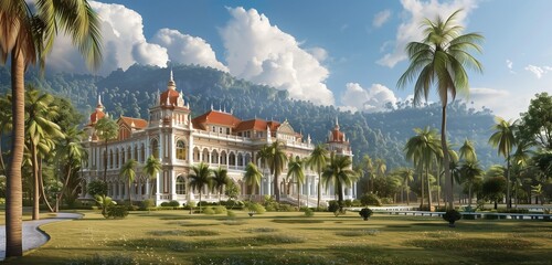 Magnificent royal palace surrounded by palm trees and vibrant flora, blending seamlessly into...