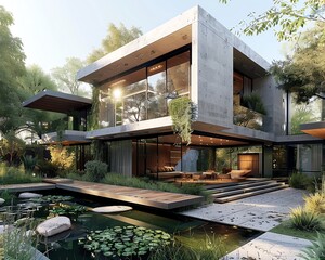 What architectural elements enhance the connection between a modern house and its natural environment, featuring a garden and pond