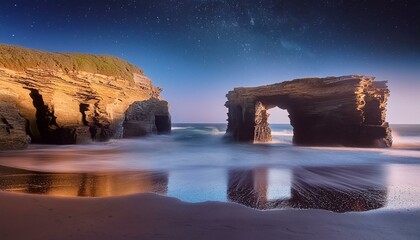 Moonlit Majesty: Catedrais Beach in Spain at Night