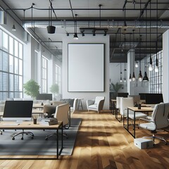 A Room with a mockup poster empty white and with a large white frame and tables and chairs realistic art meaning image.