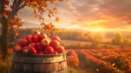 A bountiful harvest of apples under a warm autumn sunset