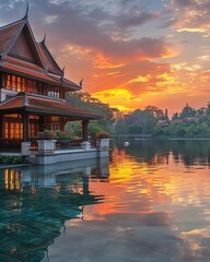 Obraz premium A beautiful sunset over a luxurious resort in Thailand. The resort is surrounded by lush gardens and has a private beach. The perfect place to relax and enjoy the amazing scenery.