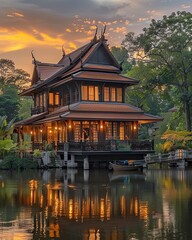 Obraz premium A beautiful traditional Thai house with intricate wooden carvings and a red roof, surrounded by lush greenery and a tranquil river
