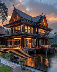 Design a modern Asian style house with a black exterior, large windows, and a pool.
