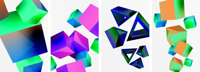 Flying 3d shapes, cubes and other geometric elements background design for wallpaper, business card, cover, poster, banner, brochure, header, website