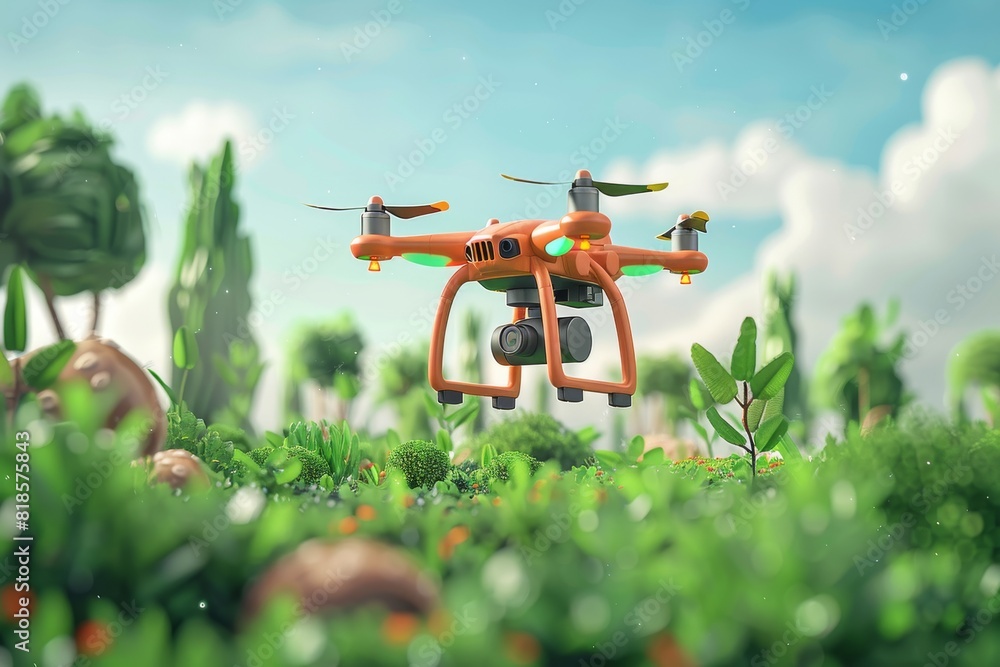 Poster isometric farming tech with smart drones for efficient crop protection, aerial pesticide application