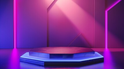 Hologram color podium hexagon display background pink blue light with clean wall in purple theme