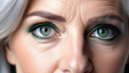 Naklejka premium An extreme close-up of an older woman’s eyes with green eyeshadow and wrinkles, capturing the intensity and depth of her gaze. The detailed textures highlight her experience and wisdom