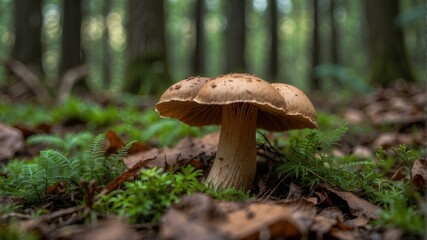 A large brown mushroom with a tall stalk grows in a bed of moss and fallen leaves in the forest. AI.