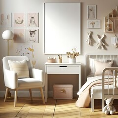 bedRoom with a mockup poster empty white and sets have mockup poster empty white have mockup poster empty white with a bed and chair has illustrative art used for printing.