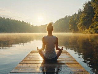 A woman practicing yoga on a dock at sunrise. AI.