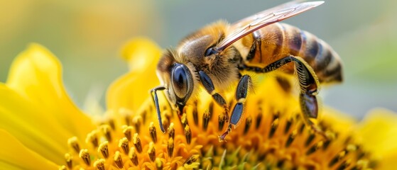 Obraz premium A bee pollinating a sunflower. AI.