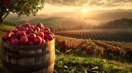 Golden sunrise over lush apple orchard