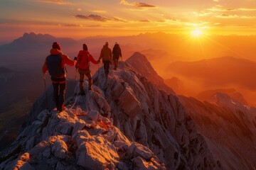 A group of hikers traverse a rocky mountain ridge at sunset. AI.