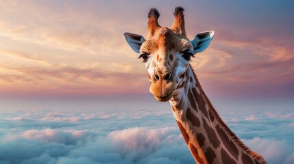 Naklejka premium A giraffe stands tall in the savanna, its long neck stretching up to the sky. AI.