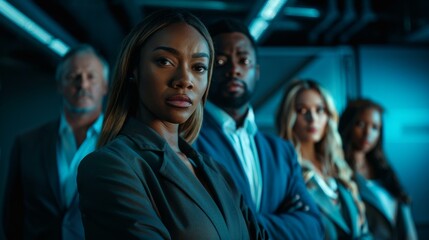 Obraz premium A group of serious-looking business professionals standing together in a dimly lit room. AI.