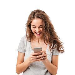 Fototapeta premium Happy Young Woman Enjoying Smartphone Use on Transparent Background Perfect for Technology and Social Media Themes