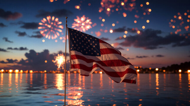 Fireworks in night sky above water, celebration of usa independence day, 4th of July. Red, blue, white American national flag, festive holiday of freedom, patriotic event, party