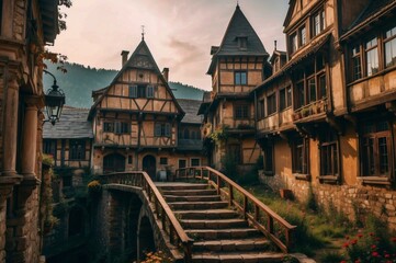 Fototapeta na wymiar A beautiful European village with half-timbered houses and a stone bridge. AI.