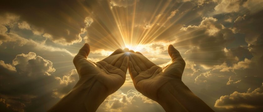 A person's hands are reaching up to the sky in a worshipful manner. AI.