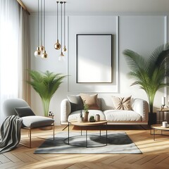 A living Room with a mockup poster empty white and with a couch and a coffee table art card design art attractive art.