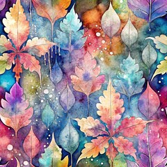 Watercolor leaf with a variety techniques  of watercolor in seamless pattern