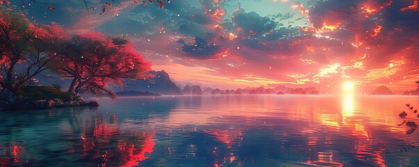 A serene lakeside festival with holographic stages and virtual scenery, creating a peaceful atmosphere, Futuristic, Digital Painting