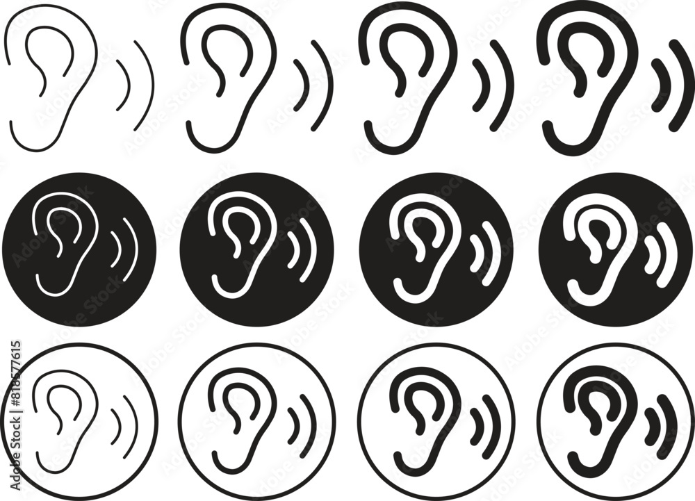 Aufkleber set of human ear listening icons in outline styles. ear vectors icons, hearing symbols for web or mo