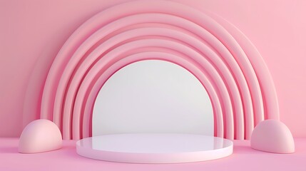 pink background with realistic white cylinder stand podium and overlap curves wall scene