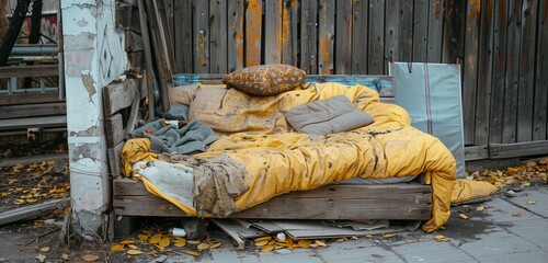 Abandoned bedding in a rough living space, reflecting the harsh reality of homelessness. 