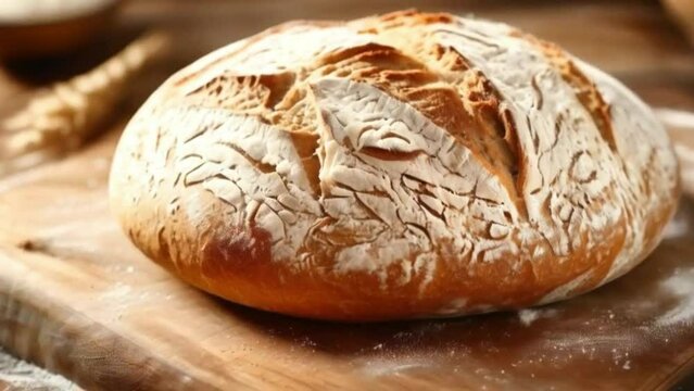 Demonstration of an artisanal round crusted loaf of bread on a rustic wooden table, sprinkled with flour on a background with a towel. Perfect for culinary presentations and design projects.