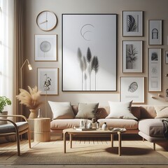 A living Room with a mockup poster empty white and with a couch and coffee table art image art has illustrative.