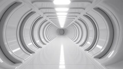 Futuristic corridor with circular architecture in a sci-fi spaceship. Image of modern corridor of spacecraft interior with bright white light. Concept for advanced technology and space travel. AIG35.